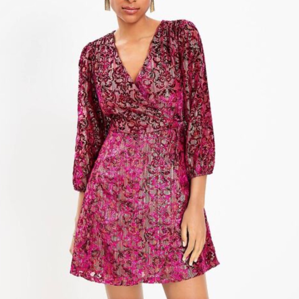 NWT LOFT Pink & Metallic Gold Velvet Brocade Faux Wrap Mini Dress